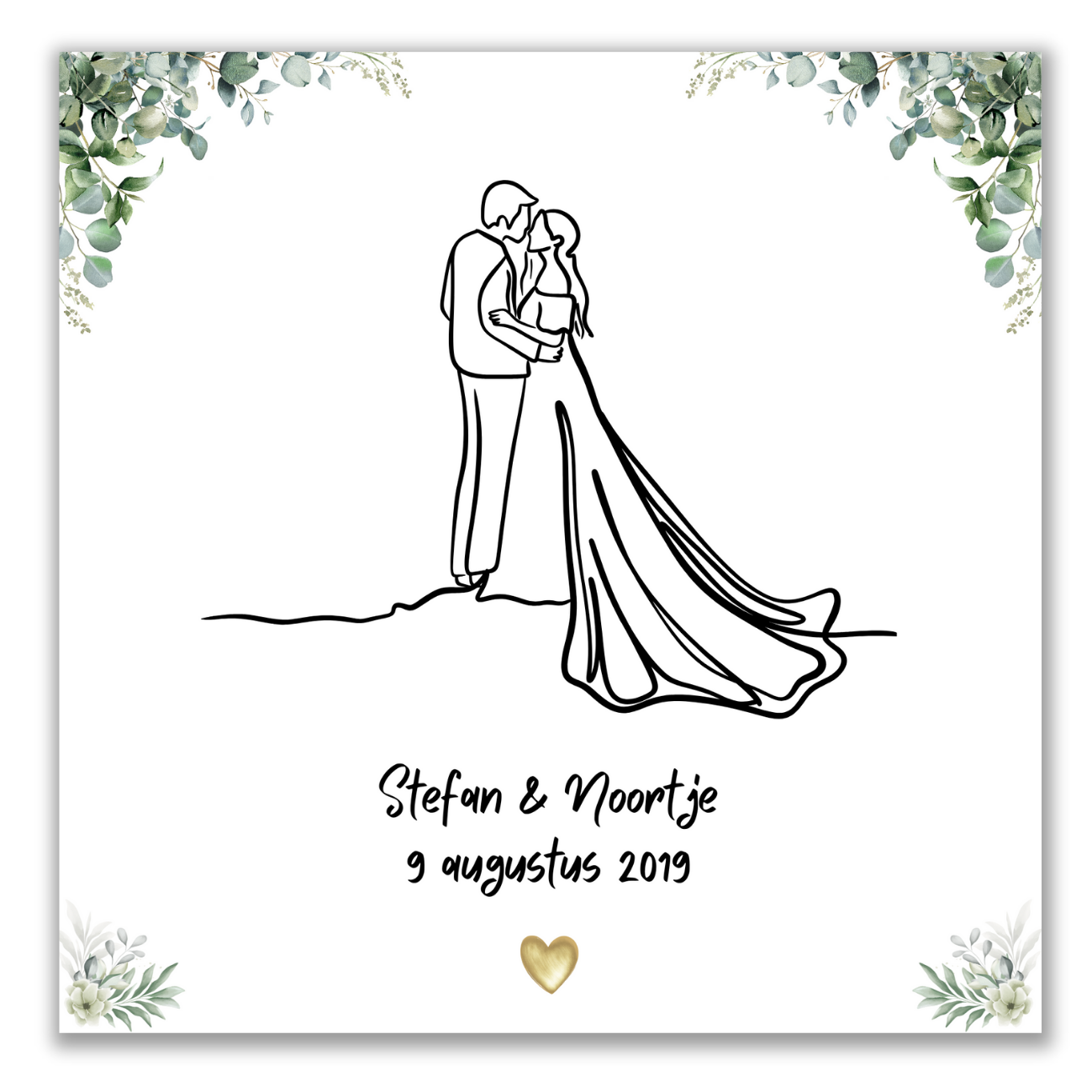 Bruiloft tegeltje - Lijntekening van een bruidspaar (15x15 cm)