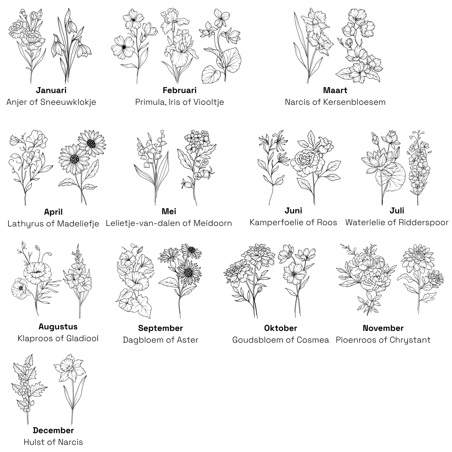 Geboorteposter (Mooi op stof) - Geboortebloem (verschillende kleuren)