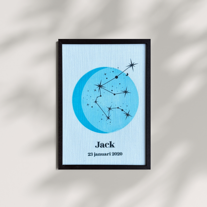 Geboorteposter (Mooi op stof) - Sterrenbeeld en maanstand (verschillende kleuren)