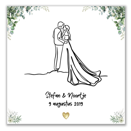 Bruiloft tegeltje - Lijntekening van een bruidspaar (15x15 cm)